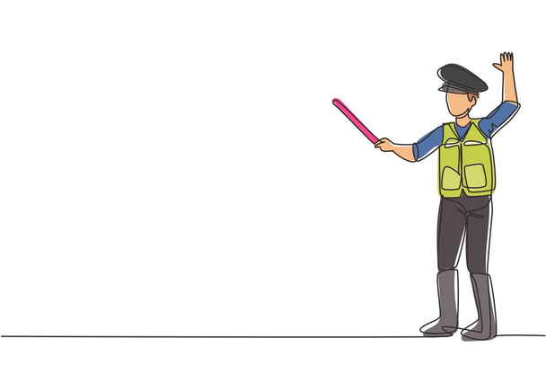 Single one line drawing of a policeman in full uniform and using a short stick is controlling the vehicle on a busy highway. A life in the city. Continuous line draw design graphic vector illustration - Vector, Image