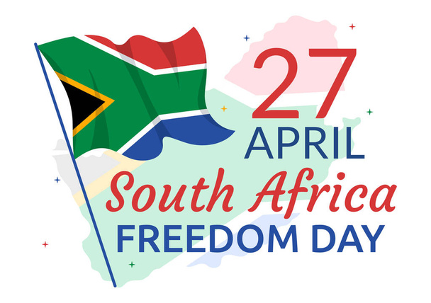 Feliz Día de la Libertad de Sudáfrica el 27 de abril Ilustración con bandera de onda para banner web o landing page en plantillas de fondo dibujadas a mano - Vector, imagen