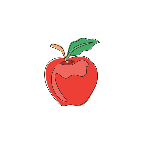 Однострочный рисунок цельного органического яблока для логотипа сада. Свежая вкусная фруктовая концепция для иконы фруктового сада. Современная векторная графическая иллюстрация - Вектор,изображение