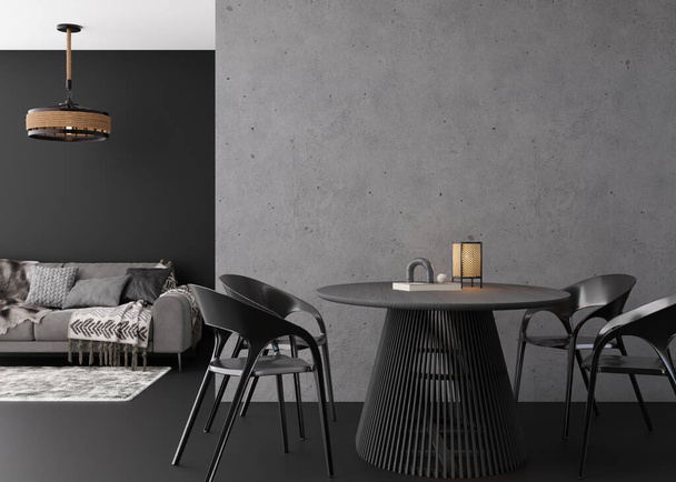 Interior mock up, loft style. Empty concrete wall in modern living room. Copy space for your artwork, picture, poster. Industrial style interior design. Apartment or hotel room. 3D rendering - 写真・画像