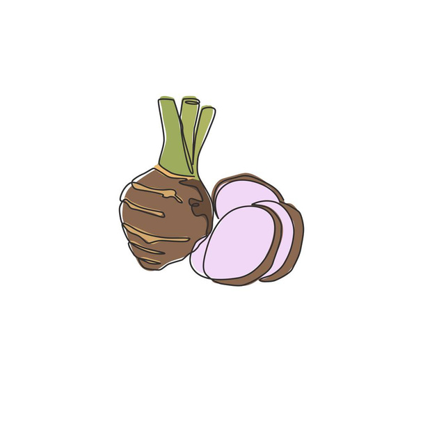 Единая сплошная сплошная линия рисования здорового органического таро для идентификации логотипа фермы. Свежие тропические растения съедобной кукурузы концепции для корневой иконы овоща. Современная векторная иллюстрация - Вектор,изображение