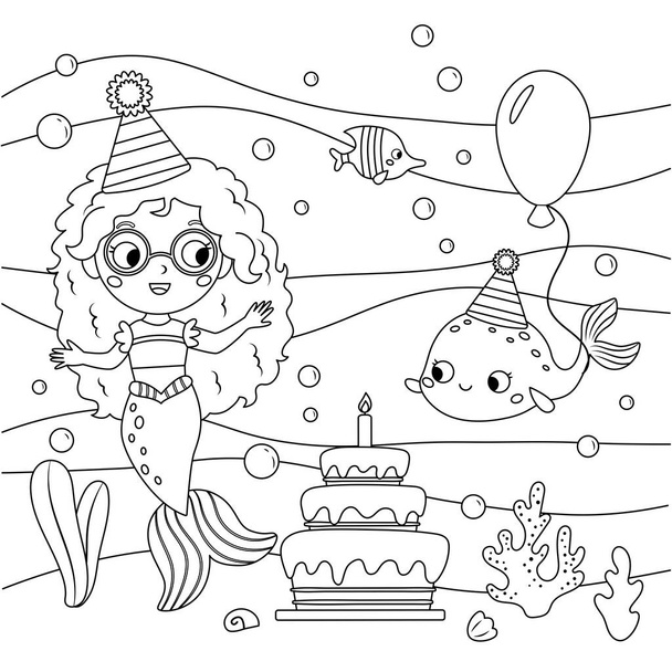 Birthday coloring page with mermaid and fish. Underwater. Cute cartoon characters. Fairy tale. Black and white vector illustration. - Vetor, Imagem