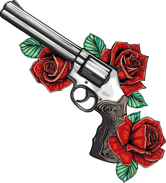 Gun and rose colored illustration for tattoo and design T-shirts and other items. Old school sketch on a white background. - Vecteur, image
