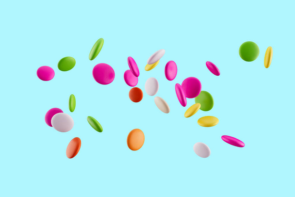 Πολύχρωμες καραμέλες ζάχαρης, 3d Rainbow Candy φασόλια απομονώνονται σε μπλε φόντο, 3d εικονογράφηση - Φωτογραφία, εικόνα