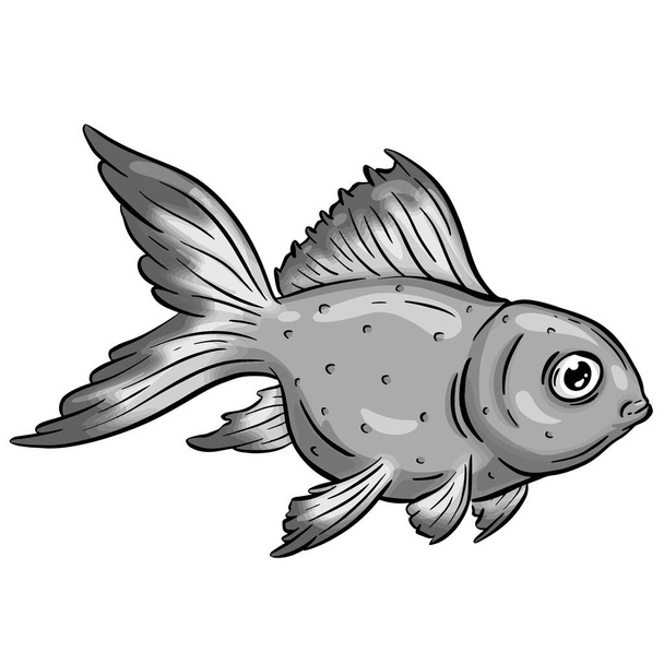 Underwater Marine Fish Cartoon Illustration in a Vector In Greyscale Black and White - Vetor, Imagem