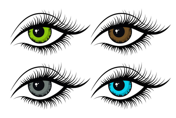 Női szemek, ikonok beállítva. A szemek kékek, zöldek, barnák és szürkék. Illusztráció, vektor - Vektor, kép