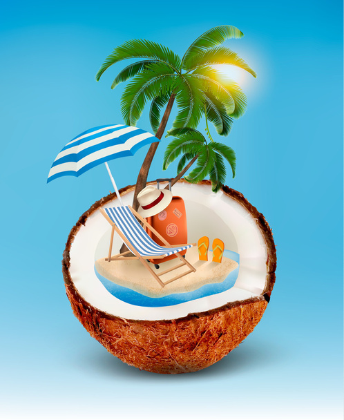 Koncept dovolenou. Palma, kufr a deštník v cocon - Vektor, obrázek