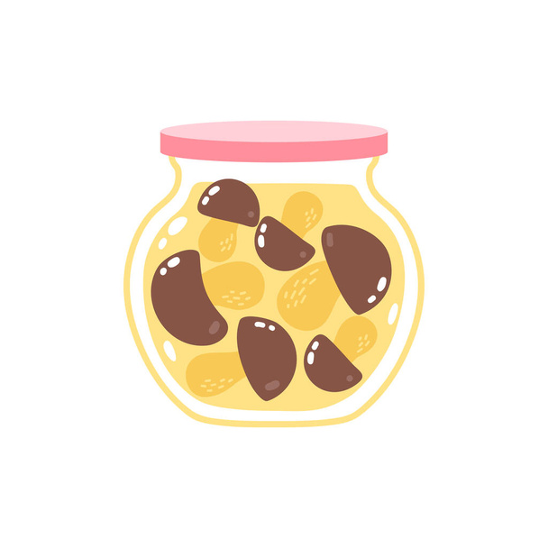Marinated mushrooms in a glass jar. Cute cartoon print in pastel colors. Vector element isolated on a white background - ベクター画像