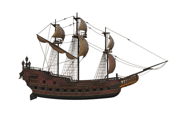 右舷側から見た古い木製の海賊セーリング船。隔離された3Dレンダリング.  - 写真・画像