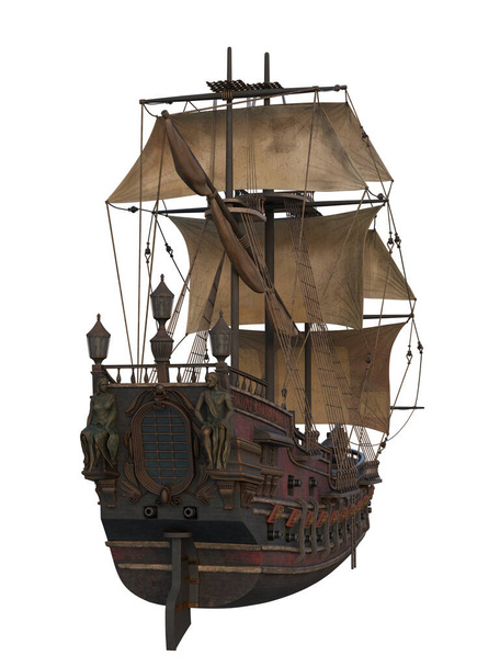 Παλιό ξύλινο πειρατικό πλοίο με θέα από την πρύμνη. Απομονωμένη τρισδιάστατη απόδοση. - Φωτογραφία, εικόνα