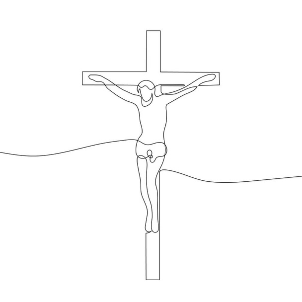 Jesús en la cruz dibujado por una línea. Símbolo cristiano. Ilustración vectorial - Vector, Imagen