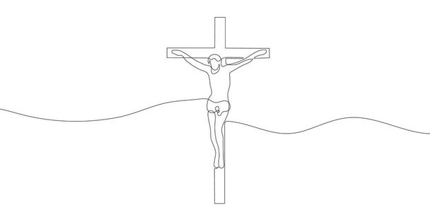 Иисус на кресте нарисован одной линией. Христианский символ Векторная иллюстрация - Вектор,изображение