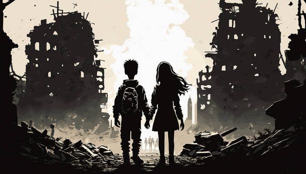 Εικονογράφηση ενός αγοριού και ενός κοριτσιού που κρατιούνται χέρι-χέρι κοιτάζοντας την κατεστραμμένη πόλη. Εικονογράφηση διανύσματος - Διάνυσμα, εικόνα