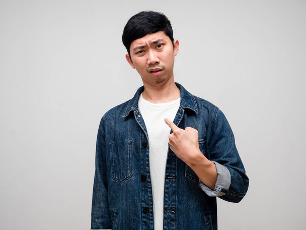 Asian man jeans shirt feels doubt gesture point finger at himself isolated - Zdjęcie, obraz