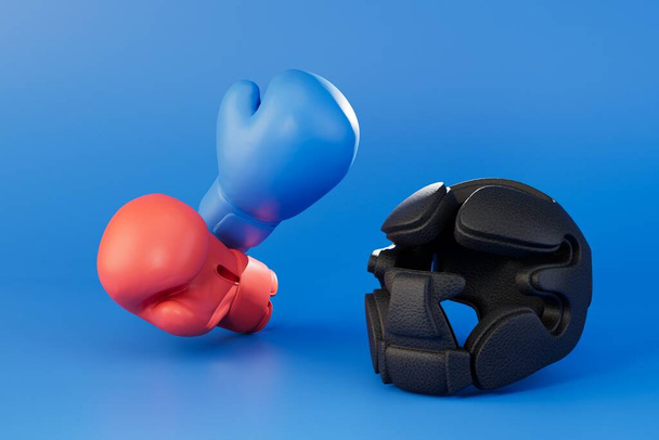vybavení pro box. boxerské rukavice a helmu na modrém pozadí. 3D vykreslení. - Fotografie, Obrázek