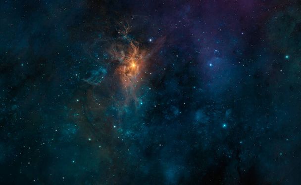 Weltraum-Hintergrund. Bunter blauer und violetter Nebel mit Sternenfeld und orangefarbener Sonne. Digitale Malerei - Foto, Bild