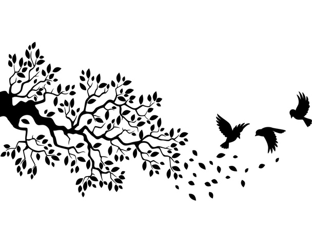 Silueta de árbol con pájaros volando
 - Vector, Imagen