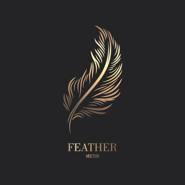 Vector Fluffy Golden Color Feather Logo Icon, Silhouette Feather Closeup Isolated. Design Template of Flamingo, Angel, Bird Feather. Lightness, Freedom Concept. - Wektor, obraz