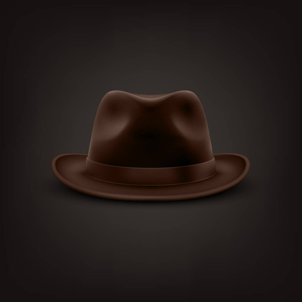 Vector 3d Realistic Brown Vintage Classic Gentleman Black Hat, Cap Icon Closeup Isolated on Black Background. Front View. Mens Unisex Hat Design Template. Vector Illustration. - Vektor, obrázek