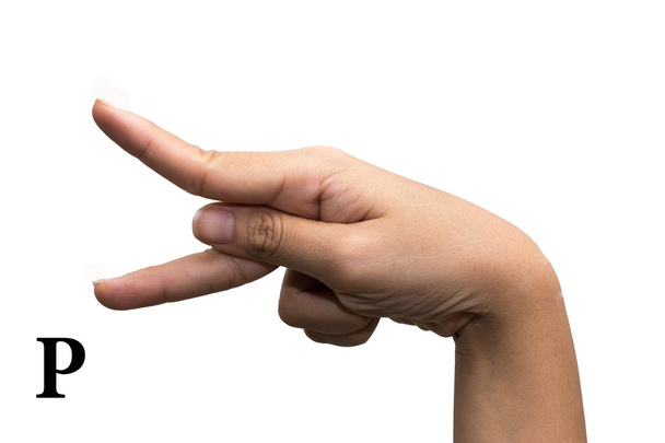 Finger Spelling the Alphabet in American Sign Language (ASL). The Letter P - Zdjęcie, obraz
