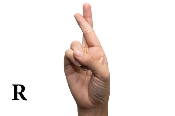 Finger Spelling the Alphabet in American Sign Language (ASL) (en inglés). La letra R
 - Foto, imagen