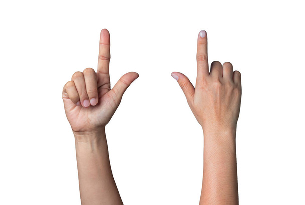 Жіноча рука показує індексний палець вгору І вперед, і обличчям вниз на білому тлі з відсічним контуром. Натисніть першу кнопку. Подвійне клацання. Підняти мишку
. - Фото, зображення