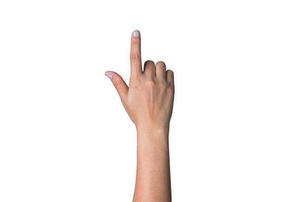 Női kéz mutató ujj fel fehér háttér nyírás útvonal, első gomb nyomja meg, dupla kattintás, egér lift. - Fotó, kép