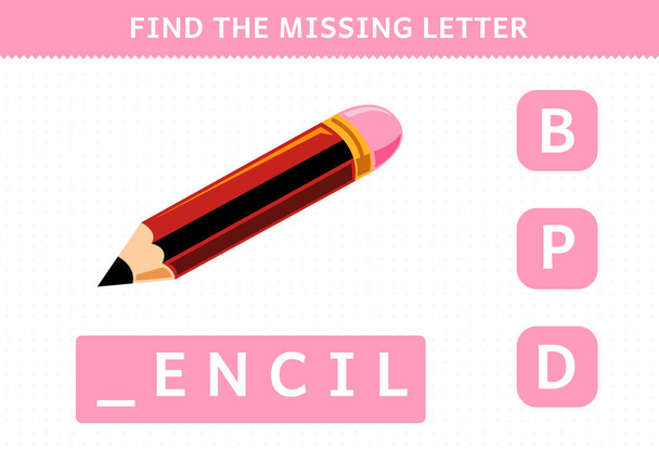 Εκπαίδευση παιχνίδι για τα παιδιά βρείτε λείπει επιστολή χαριτωμένο μολύβι καρτούν εκτυπώσιμο φύλλο εργασίας εργαλείο - Διάνυσμα, εικόνα