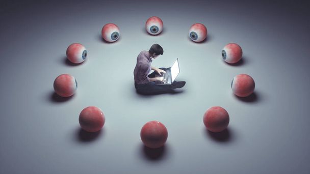 Man working on laptop while eyes are watching . Social media reach and target audience concept . This is a 3d render illustration . - Photo, Image
