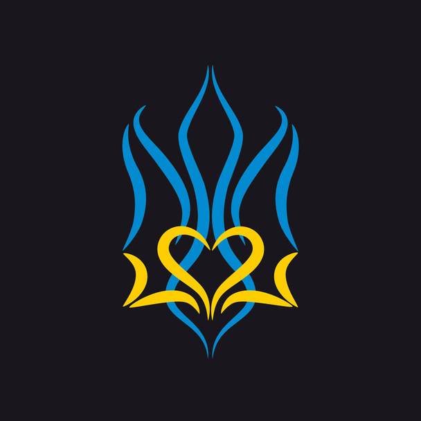 Stylizovaný erb Ukrajiny v národních barvách na černém pozadí. Krásný erb Ukrajiny na tričko, tetování, samolepky. - Vektor, obrázek