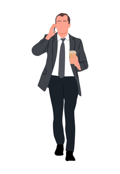 Επιχειρηματίας χαρακτήρας με τηλέφωνο και καφέ πακέτο. Όμορφος άντρας που φοράει επίσημο κουστούμι περπατάει και μιλάει τηλεφωνικώς και πίνει καφέ. Εικονογράφηση διανυσματική ρεαλιστική απομονωμένη σε λευκό. - Διάνυσμα, εικόνα