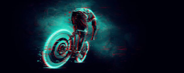 Abstract silhouette of a road bike racer, man is riding on sport bicycle isolated on black background. Cycling sport transport. - 写真・画像