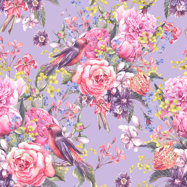 Seamless Floral Watercolor Background - Foto, Imagem