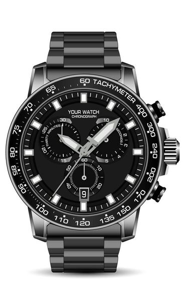 Realistic black steel clock watch chronograph face strap on white background design modern luxury for men fashion vector - Vektor, kép