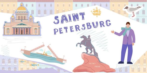 Saint petersburg composition with collage of flat elements sketch style bridges historic buildings and sights icons vector illustration - Vetor, Imagem