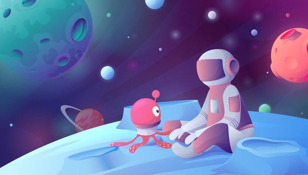 Space cartoon composition with neon glowing outer space scenery and spaceman sitting on asteroid with alien vector illustration - Vektör, Görsel