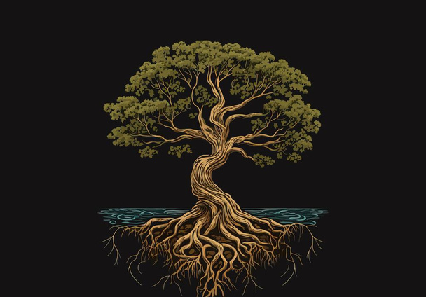 L'albero della vita. minimalismo, bello, radice, manifesto, fogliame, religione, astrazione, saggezza, natura, minimalismo, fantasia, mitologia, quercia, natura. Concetto creativo. Illustrazione vettoriale - Vettoriali, immagini