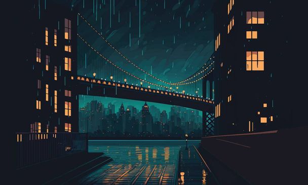 Elegante illustrazione di una città notte in tempo piovoso, ponte, luce, luci, estetica, passeggiate, solitudine, bello, infrastrutture, stile, carta da parati, calma, grande città. Concetto artistico. Illustrazione vettoriale - Vettoriali, immagini