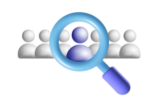 Searching for person 3d vector mesh icon recruitment agency. Employee, candidate. Magnifying glass and people logo. Isolated object on white background. Employee search. - Vektori, kuva