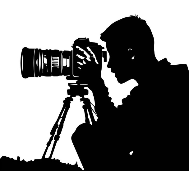 Μαύρη σιλουέτα φωτογράφου με φωτογραφική μηχανή σε λευκό φόντο. Επίπεδη διανυσματική απεικόνιση φωτογράφου με φωτογραφική μηχανή - Διάνυσμα, εικόνα