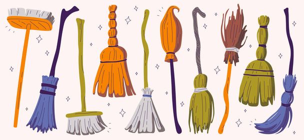Broom flat icons set. Long-handled brush of bristles or twigs for sweeping. Housekeeping cleaning tool and special flying broom for witches. Color isolated illustrations - Vecteur, image