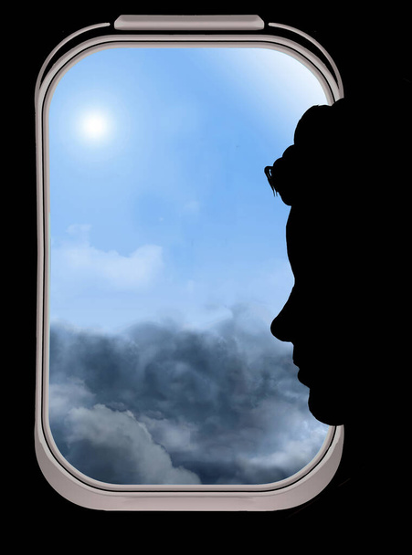 A woman  is seen in silhouette against the window of her plane. Clouds and sun and blue sky are all seen outside the window with text space available. This is a 3-d illustration. - Foto, immagini