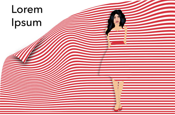Una mujer joven está vestida con un vestido a rayas rojas y blancas que coincide con el fondo rojo y blanco.Esta es una ilustración en 3D.. - Foto, Imagen