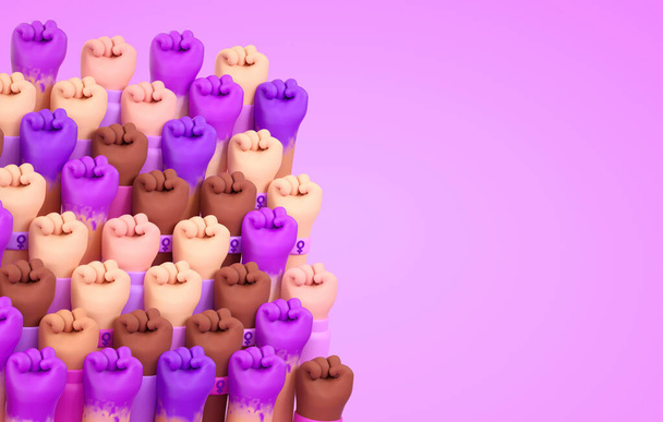 Multi raised fists of women for International Womens Day and the feminist activism in 3D cartoon illustration and copy space. March 8 for independence, empowerment, and movement for women rights - Foto, imagen