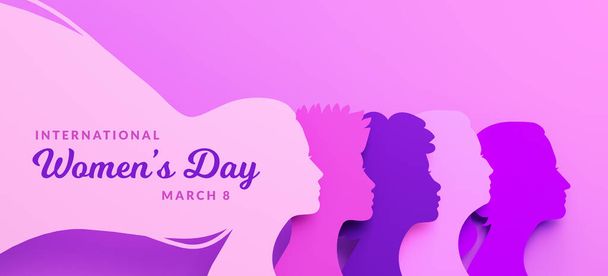 Plakat zum Frauentag mit Silhouetten verschiedener Frauengesichter in Papierschnitt und Kopierraum, 3D-Illustration. Frauen für Feminismus, Unabhängigkeit, Schwesternschaft, Empowerment, Aktivismus für Frauenrechte - Foto, Bild