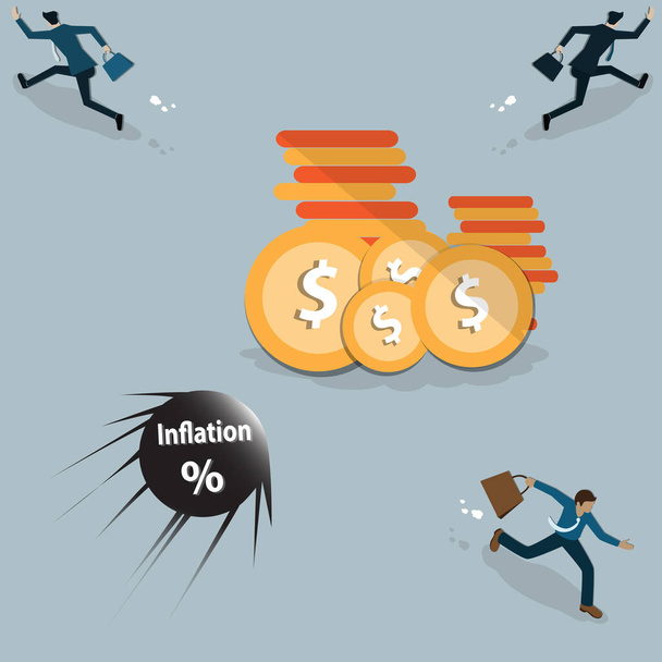 Inflaatiokriisin tasainen muotoilu, Pallo sanoilla inflaatio, ryntäsi kohti sinne sijoitettua rahakasaa, inflaatiokonsepti - vektorikuvaus - Vektori, kuva