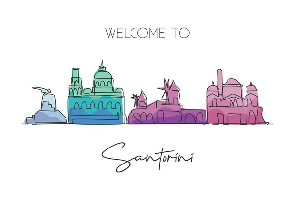 Συνεχής γραμμή που σχεδιάζει τον ορίζοντα της παλιάς πόλης της Σαντορίνης. Όμορφο ορόσημο. World landscape tourism travel αφίσα διακόσμηση τοίχου τέχνης εκτύπωσης. Κομψό μονοσήμαντο σχέδιο γραμμών διανυσματική απεικόνιση - Διάνυσμα, εικόνα