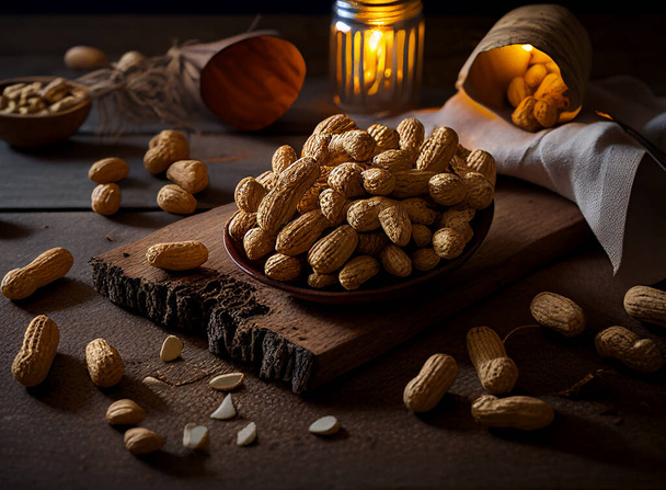 Peanut in wooden bowl on black background  - Foto, immagini