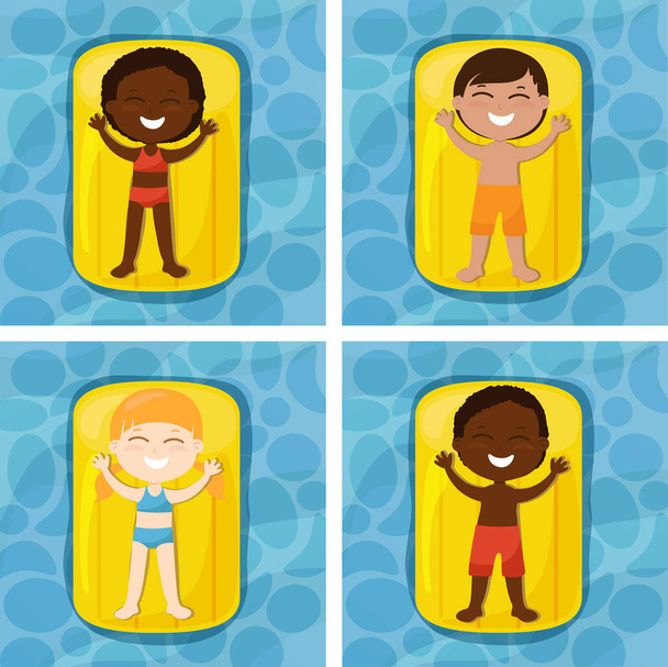 Щасливі діти лежать на надувному матраці на воді та сонячних ваннах. Дитина носить шорти та купальники. Літній відпочинок мультфільм стиль вид зверху
. - Вектор, зображення