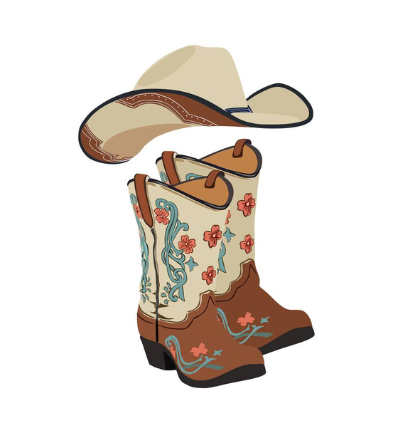 Egy pár nyugati cowboy csizma és kalap. Stílusos cowgirl csizma és kalap hímzett hagyományos amerikai szimbólumok. Realisztikus vektor kézzel rajzolt illusztráció elszigetelt fehér háttér. - Vektor, kép